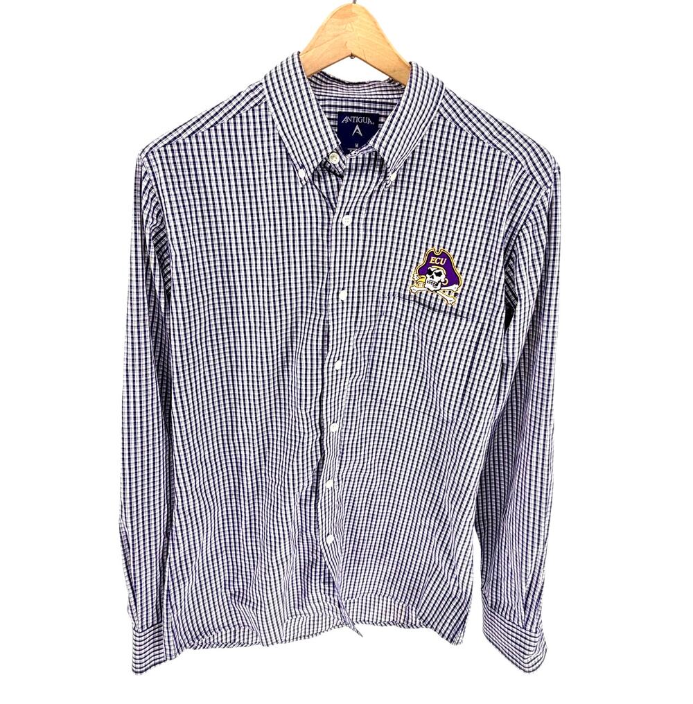 Antigua ECU Pirates Purple Plaid Button Up Shirt Men's M Gameday Tailgate